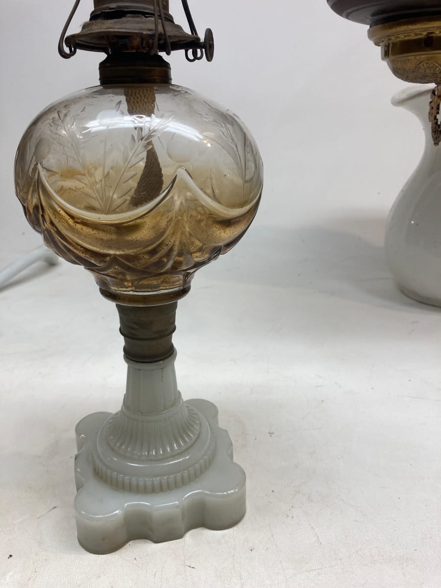 Victorian kerosene table lamp with white base 