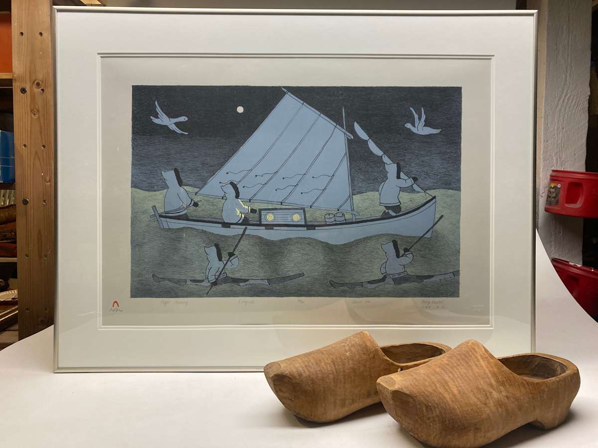 Framed Inuit "Night Crossing" lithograph, Image 5.