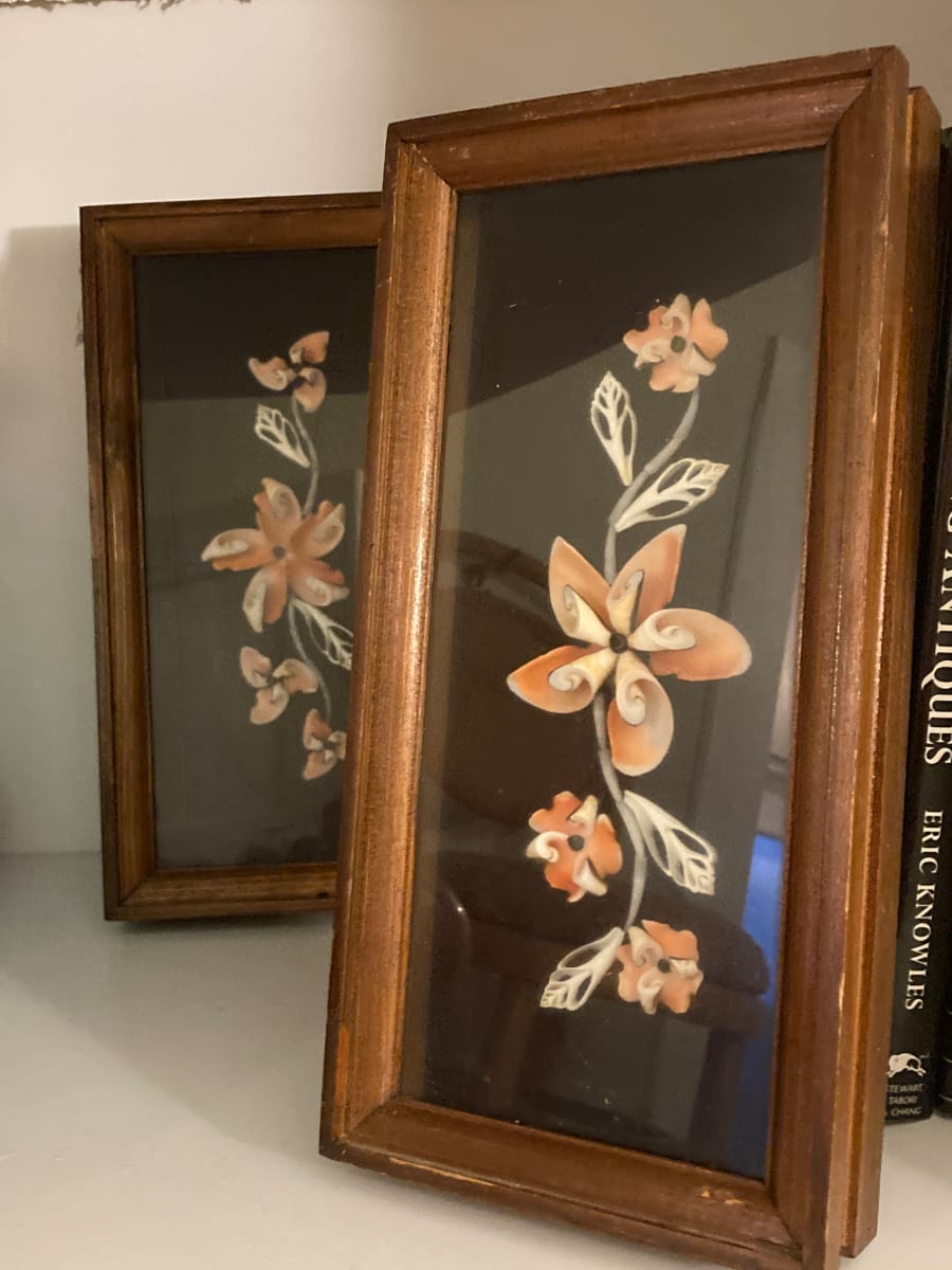 pair of framed floral shell art items 