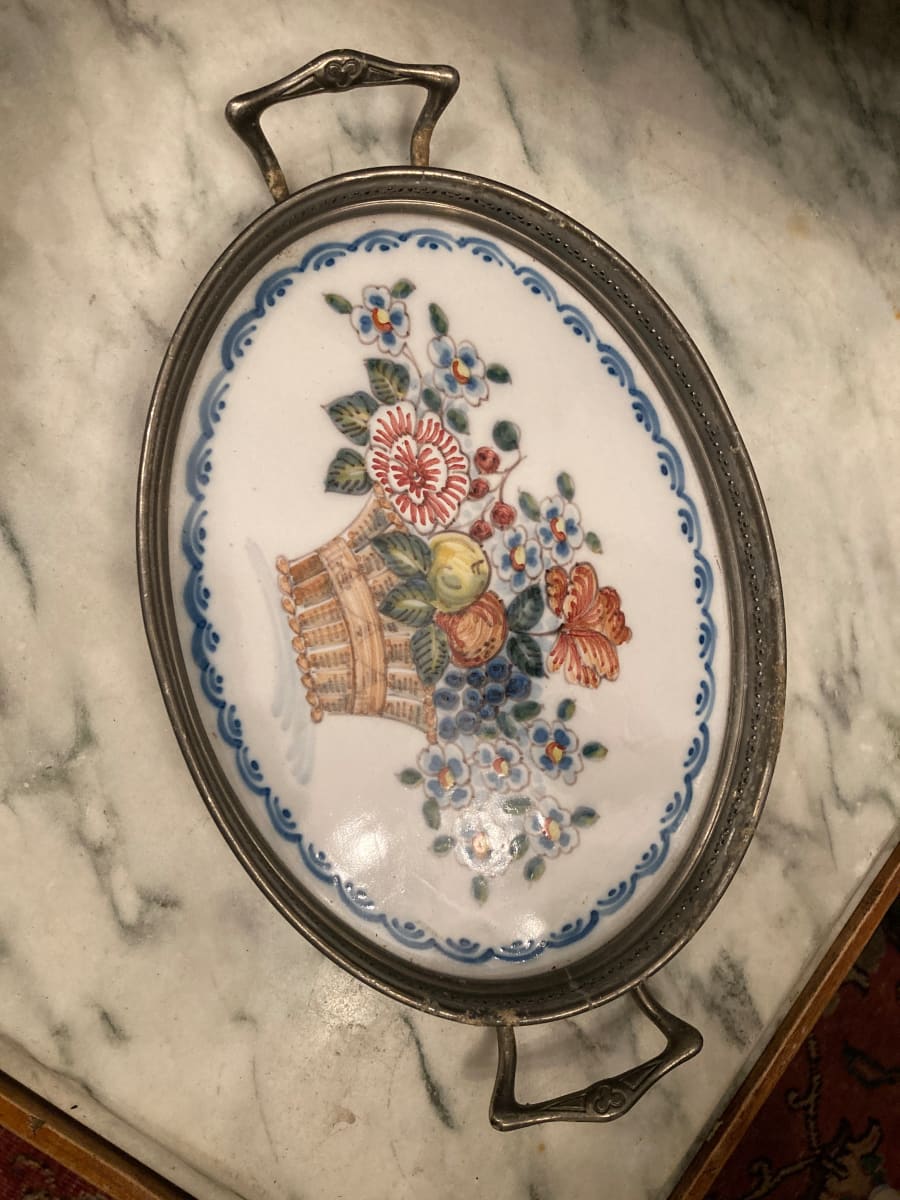 hand decorated oval porcelain tray in metal frame 