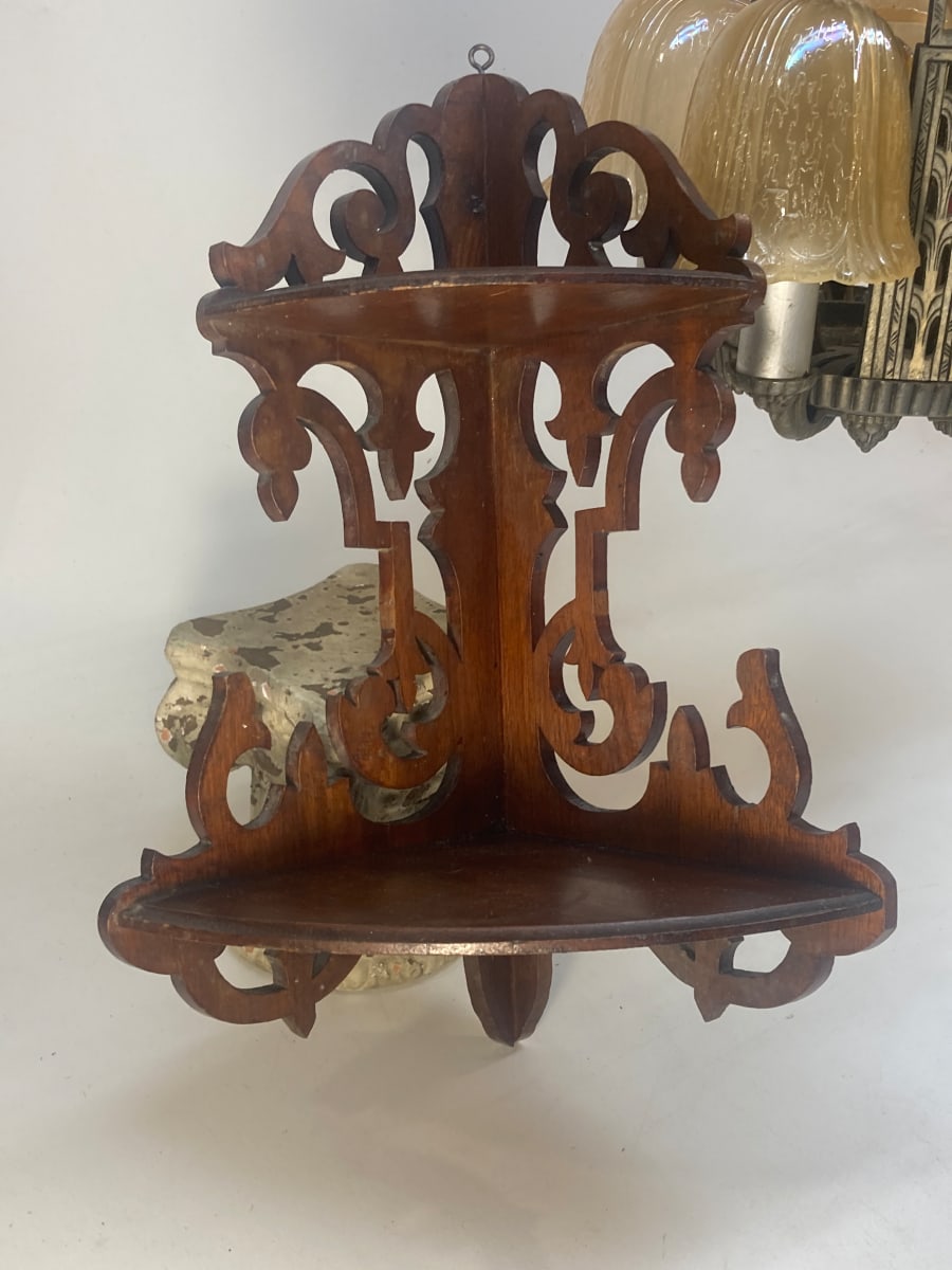 carved walnut hanging corner shelf 