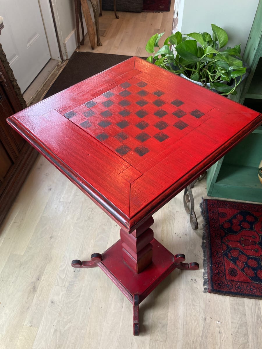 Primitive red painted chess table, Image 7.