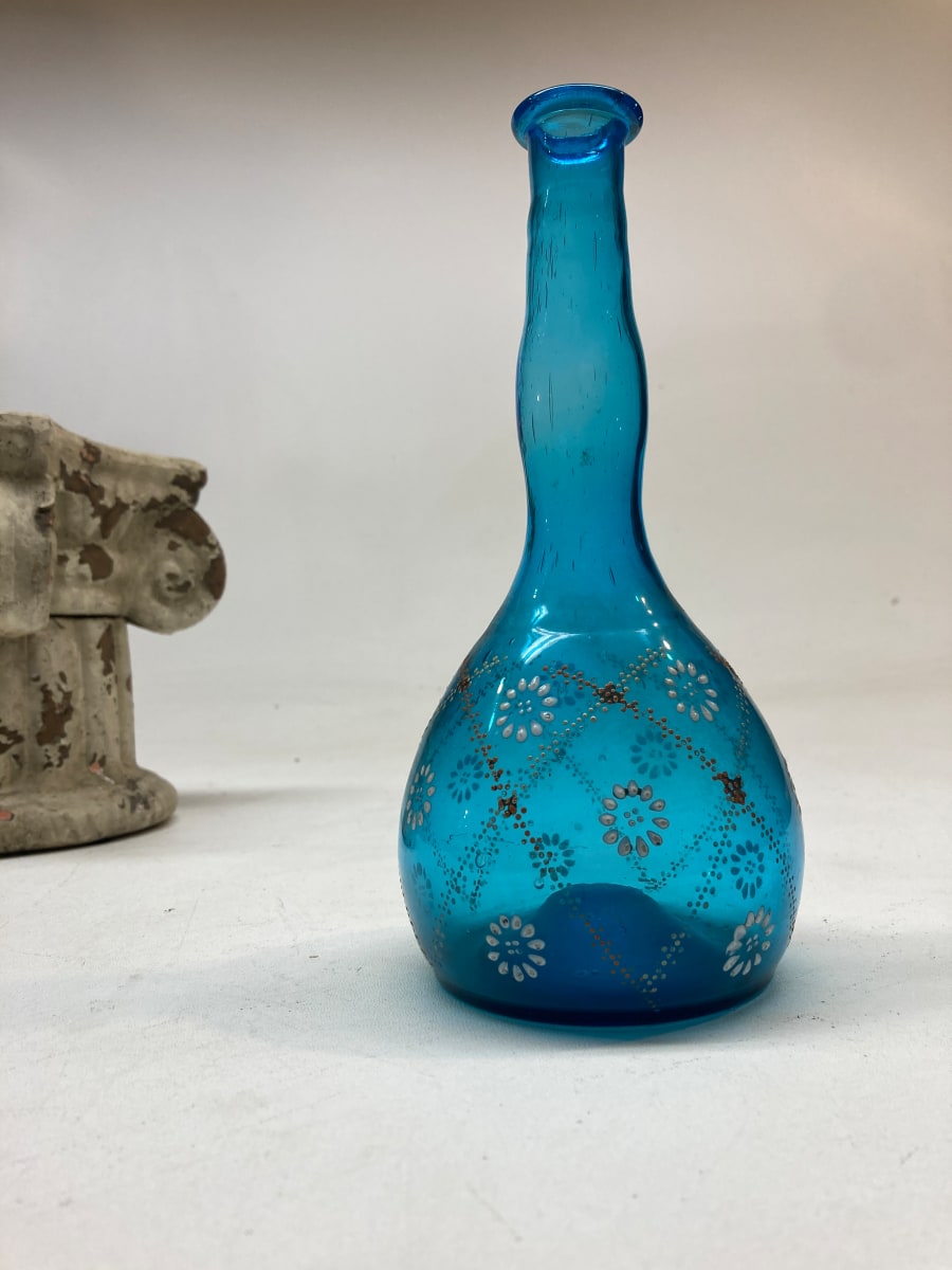 hand painted blue Victorian bud vase with enamel flowers 