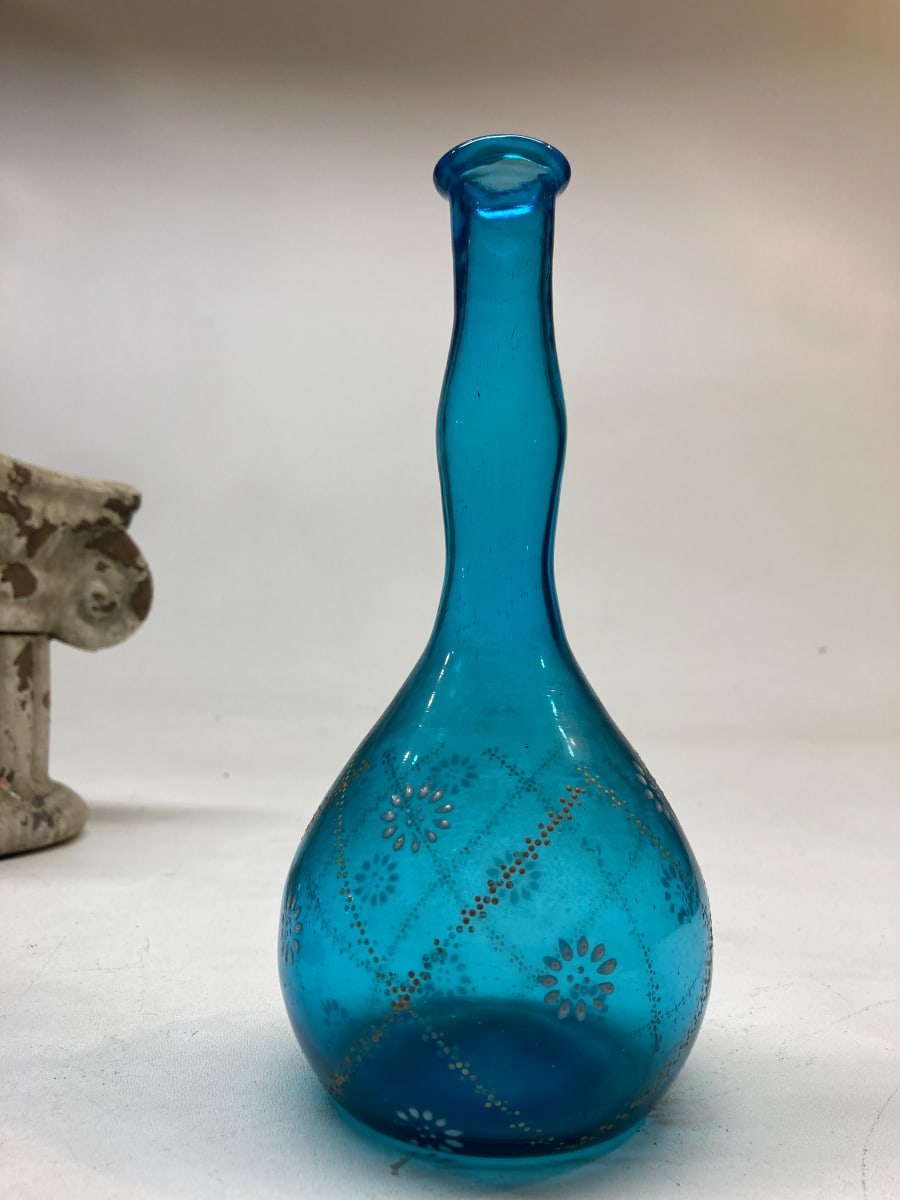 hand painted blue Victorian bud vase with enamel flowers 