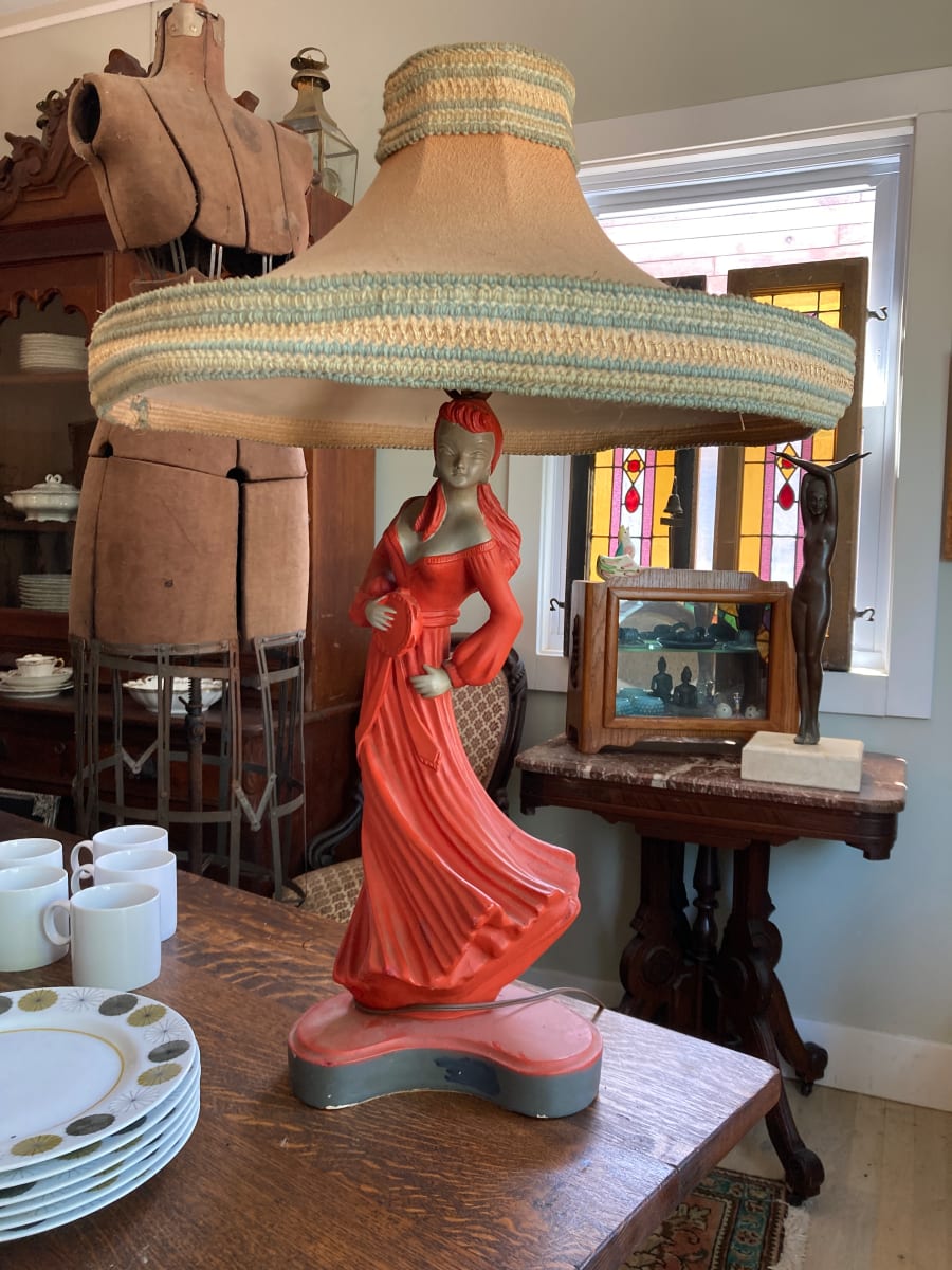 large chalk ware dancing lady lamp 