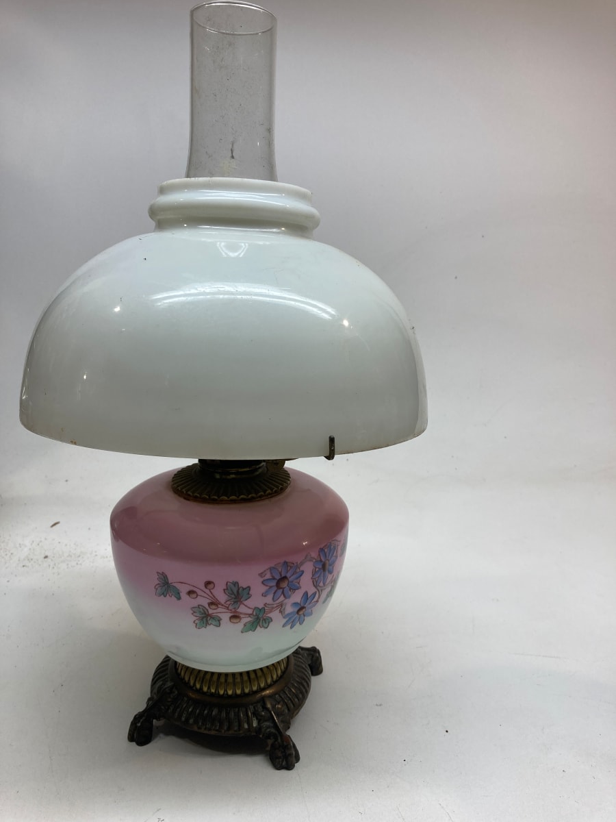 vintage hand painted kerosene lamp with white shade 