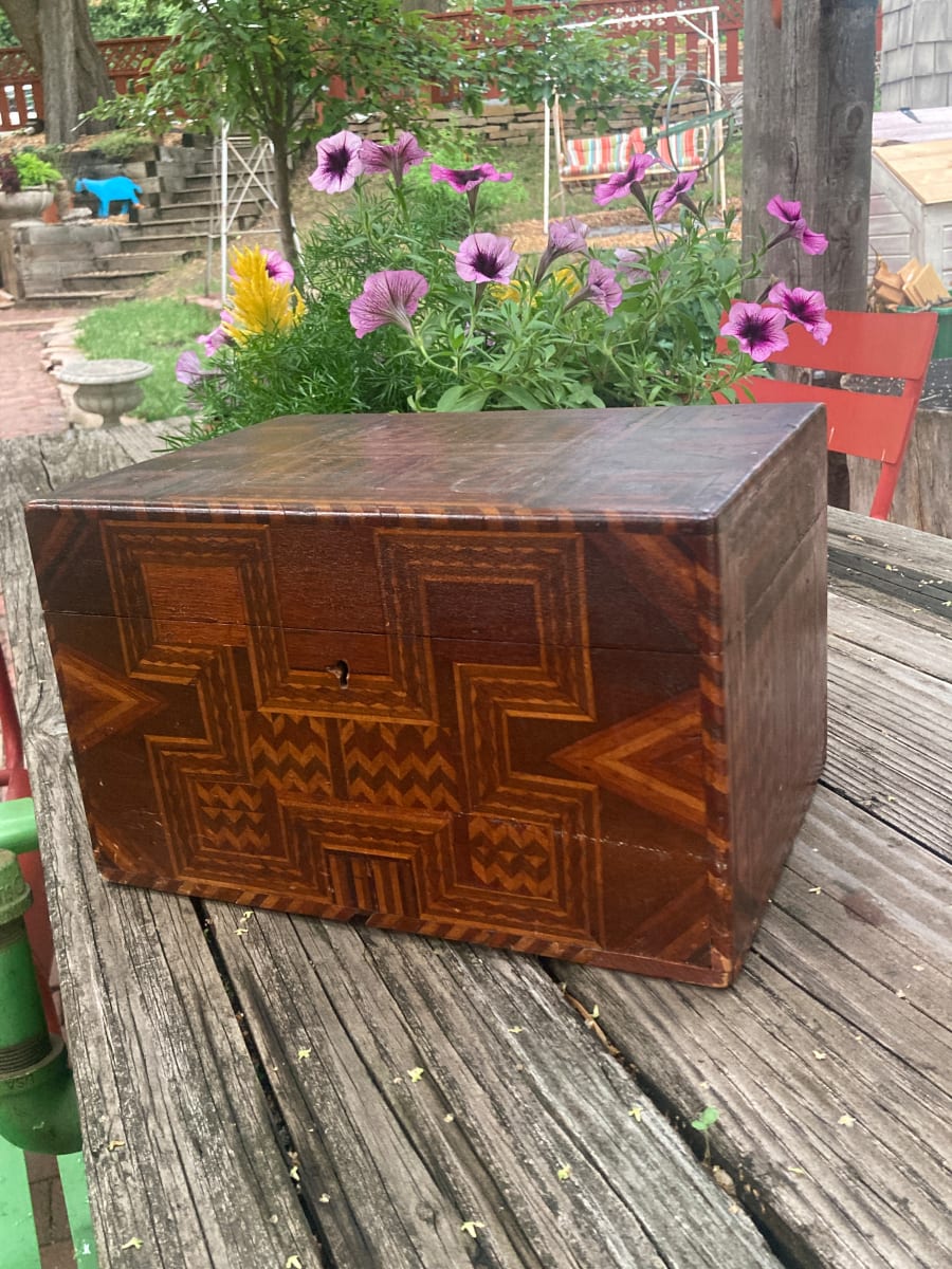 Tramp art folk art inlaid wooden box 