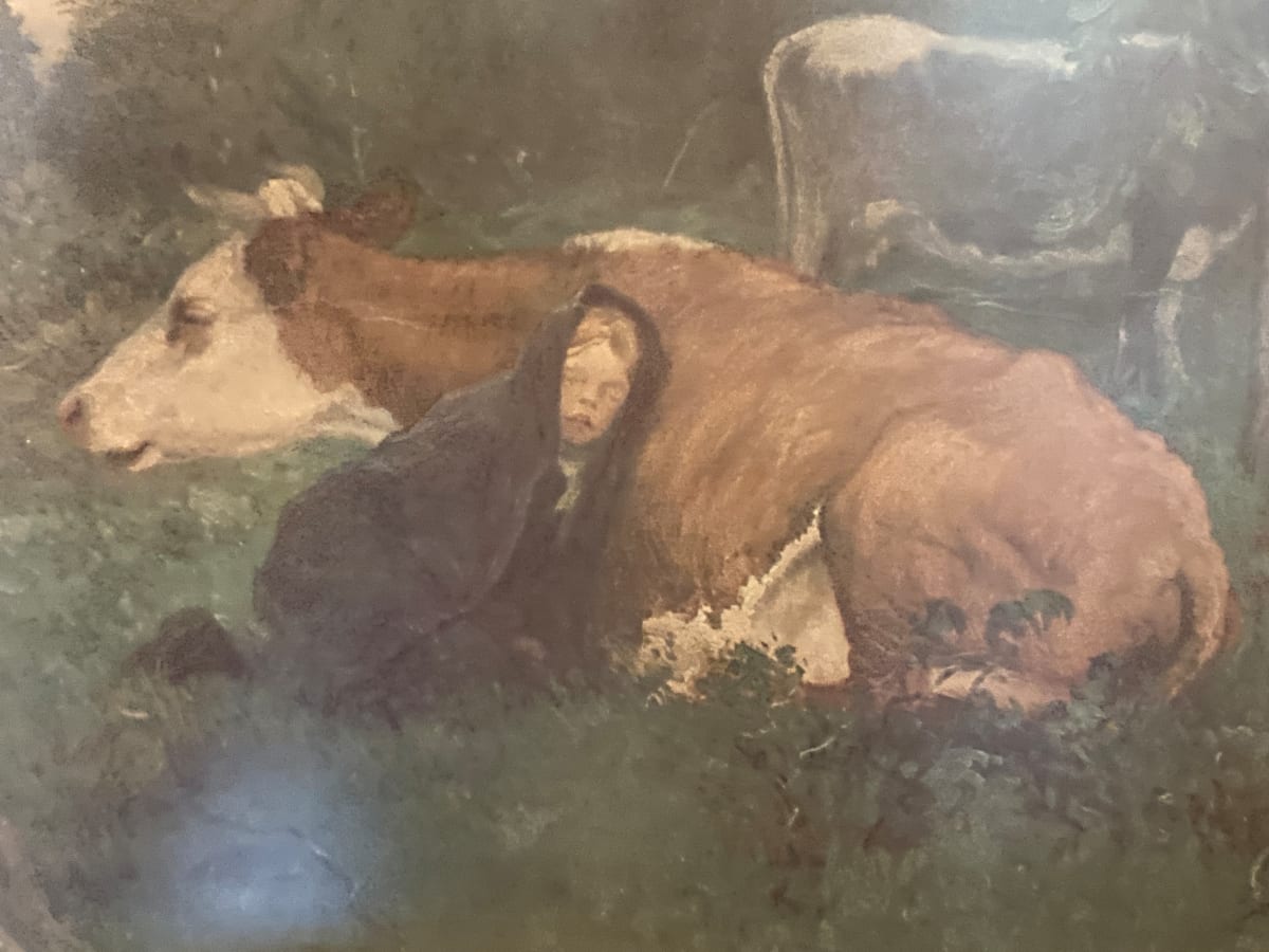 Framed sleeping with cow lithograph 