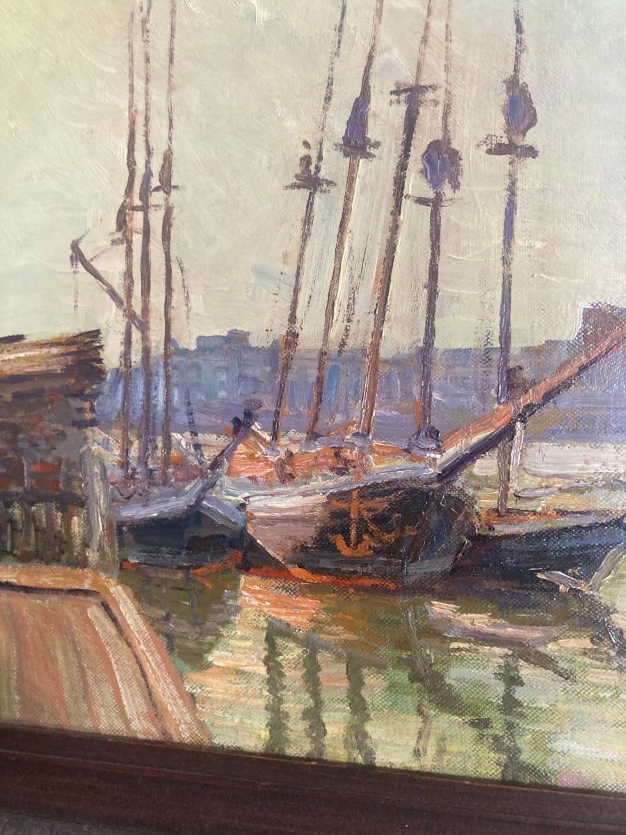 Framed G. T. Carl Olson harbor oil painting on board of Cape Cod from