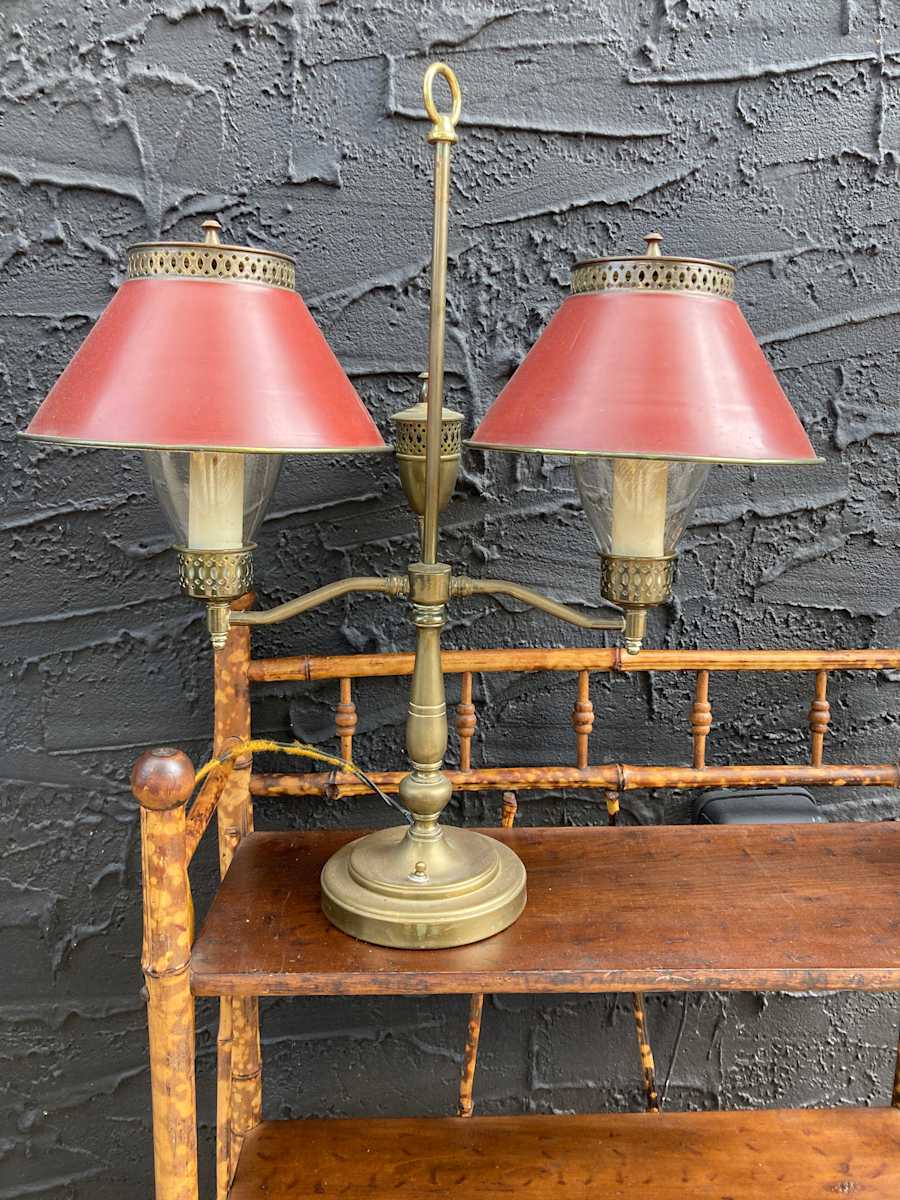 Double arm red tole lamp, Image 1.