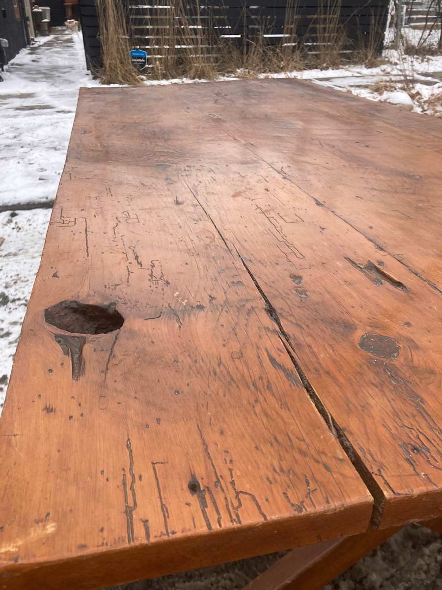 Primitive large 3 board top farm table 
