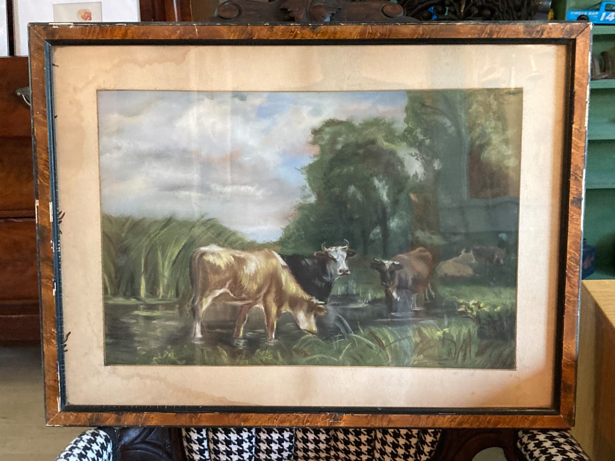 Framed vintage cow pastel 