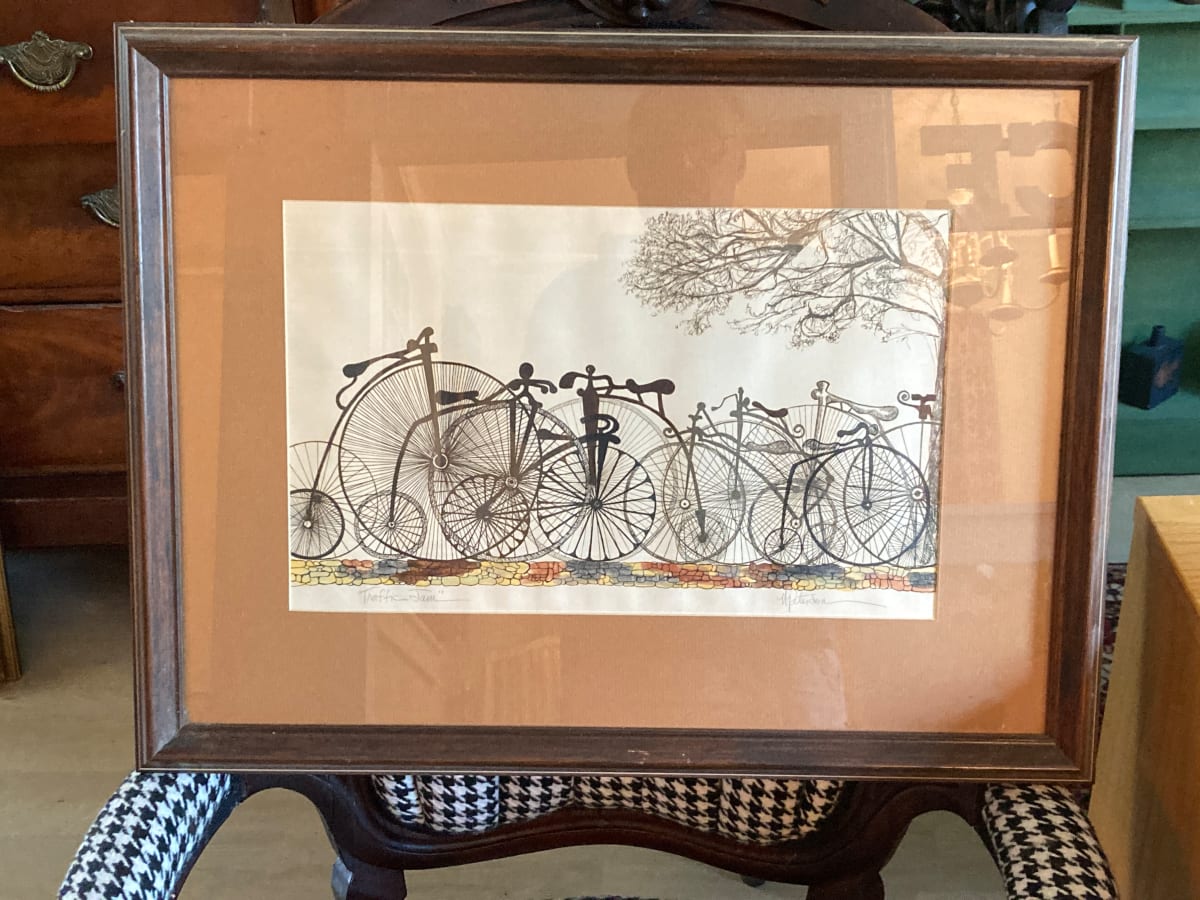 Framed hand colored bicycle engraving 