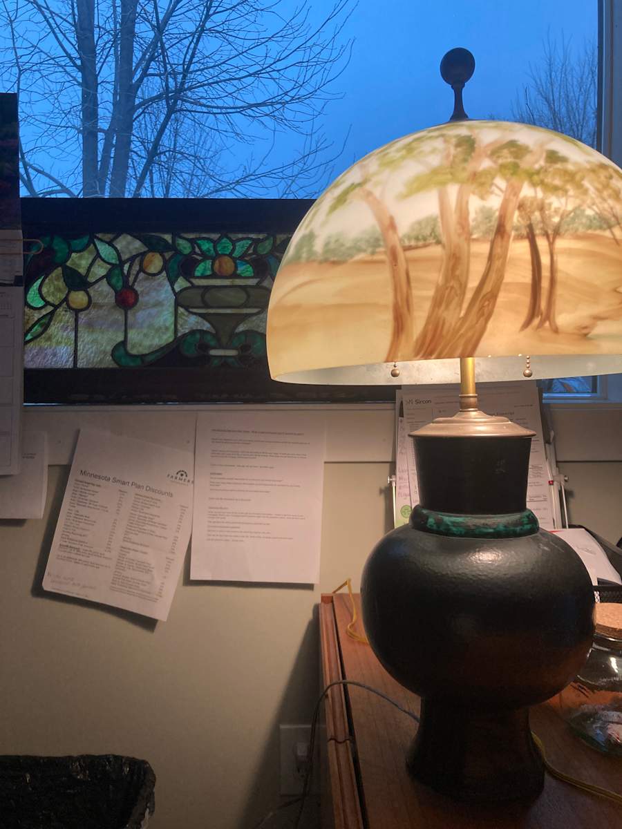 Vintage handprinted arts n crafts table lamp with pottery base 