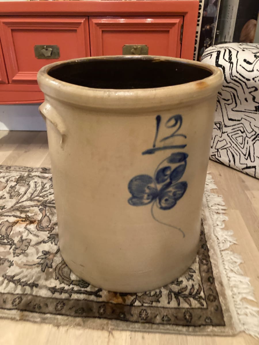 12 gallon butterfly flower salt glaze crock 