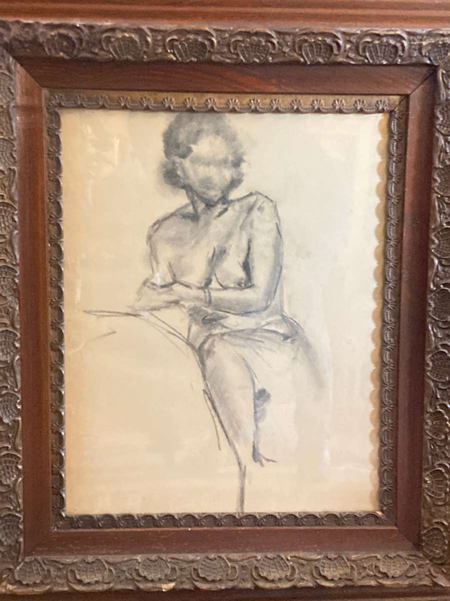 Framed original drawing sketch of a nude woman 