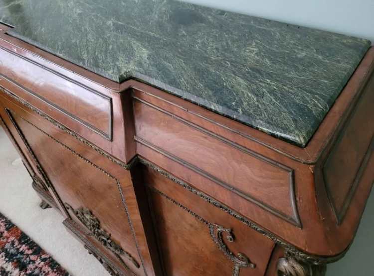 Vintage French carved marble top buffet 
