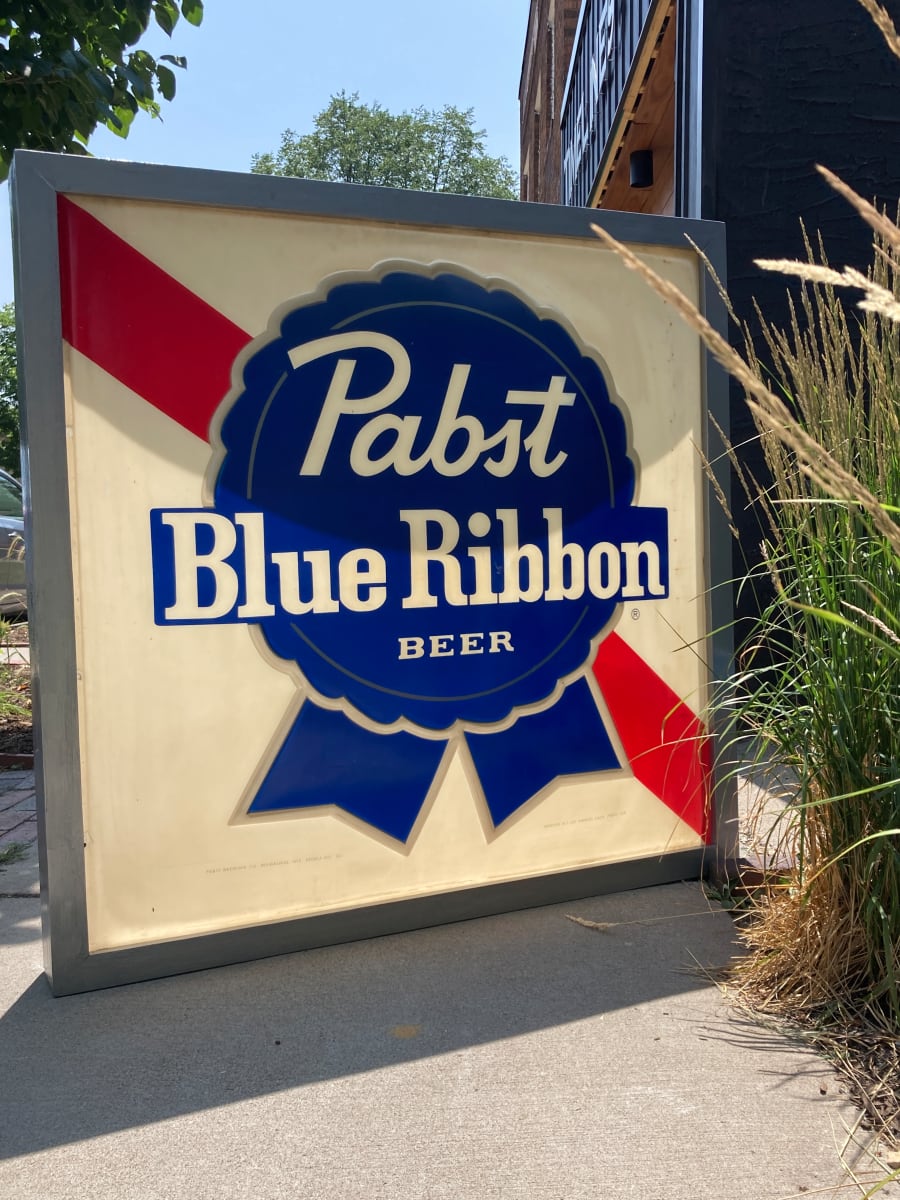 Large vintage blown plastic Pabst Blue Ribbon sign with wooden frame 