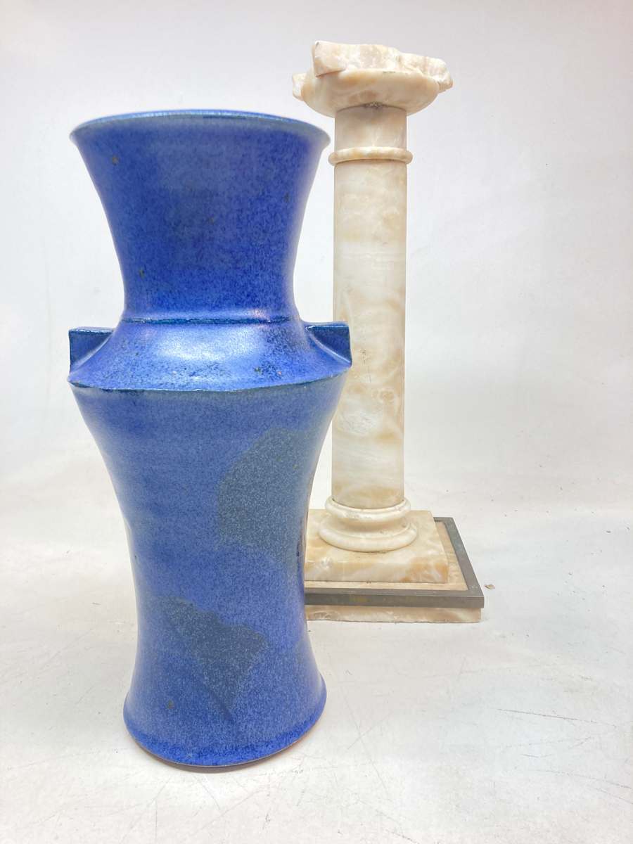 Blue art pottery vase with lug handles 