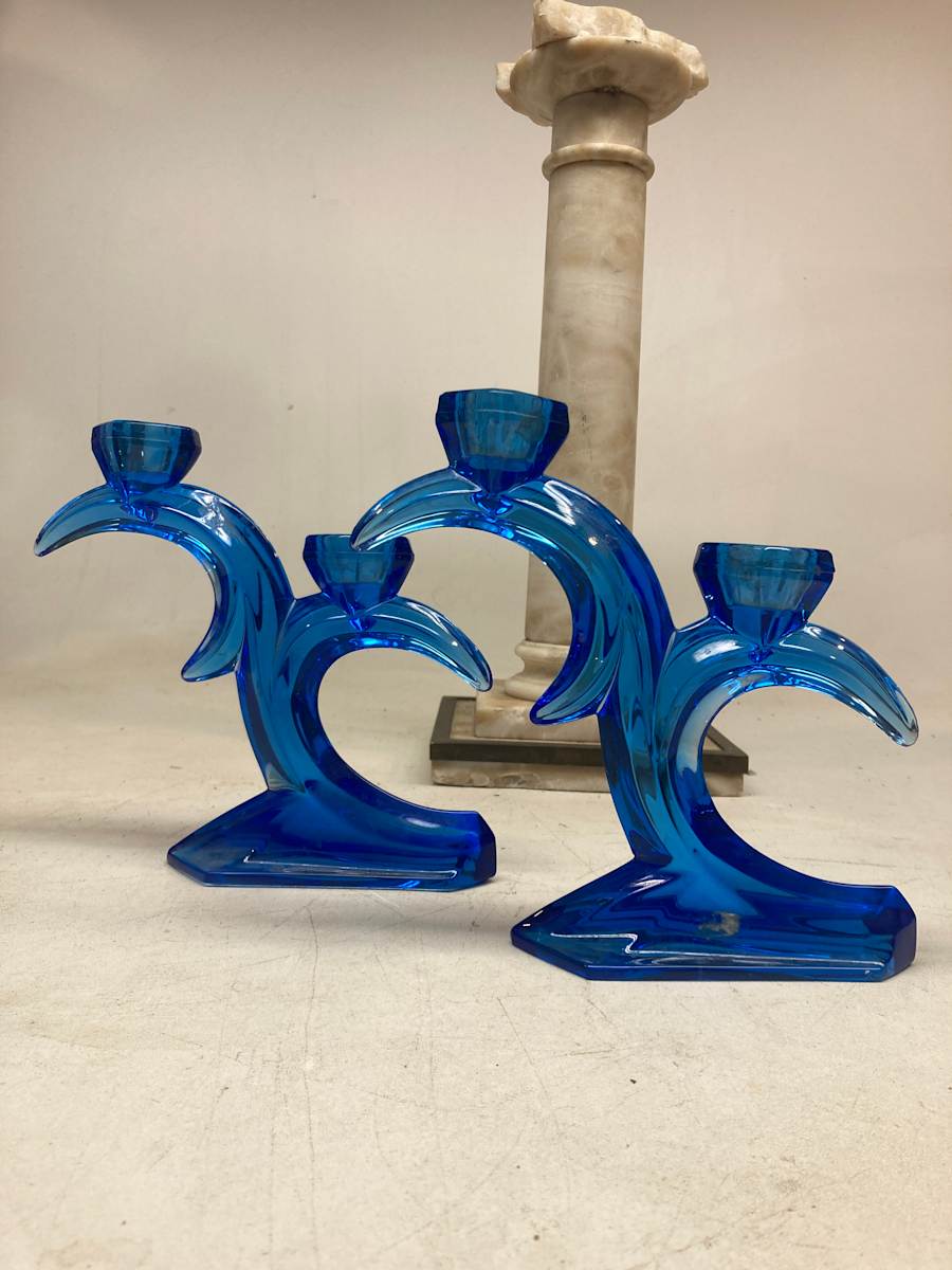 Cobalt art glass candlesticks 