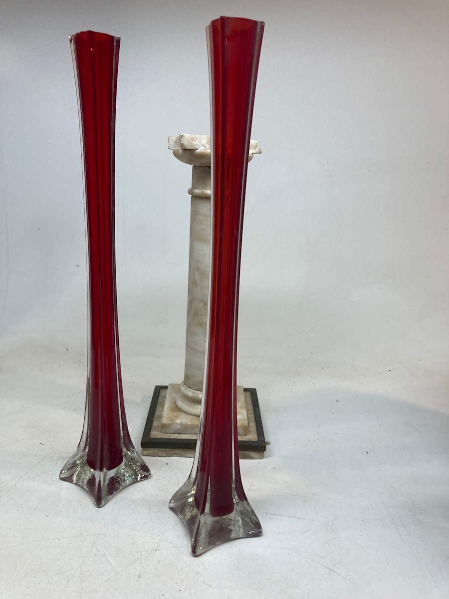 Pair of tall red art glass vases (1 as is) 