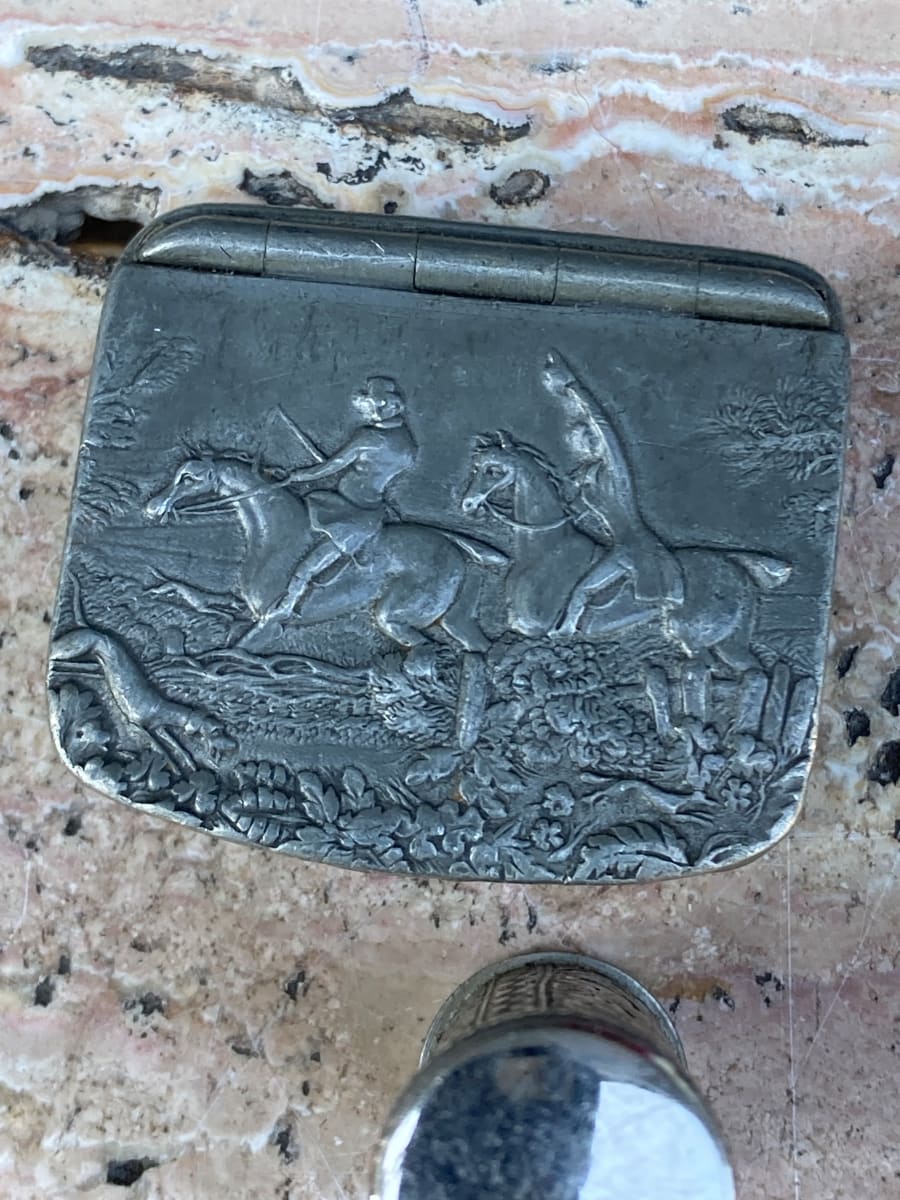 Covered pewter horse riding pewter pill box 