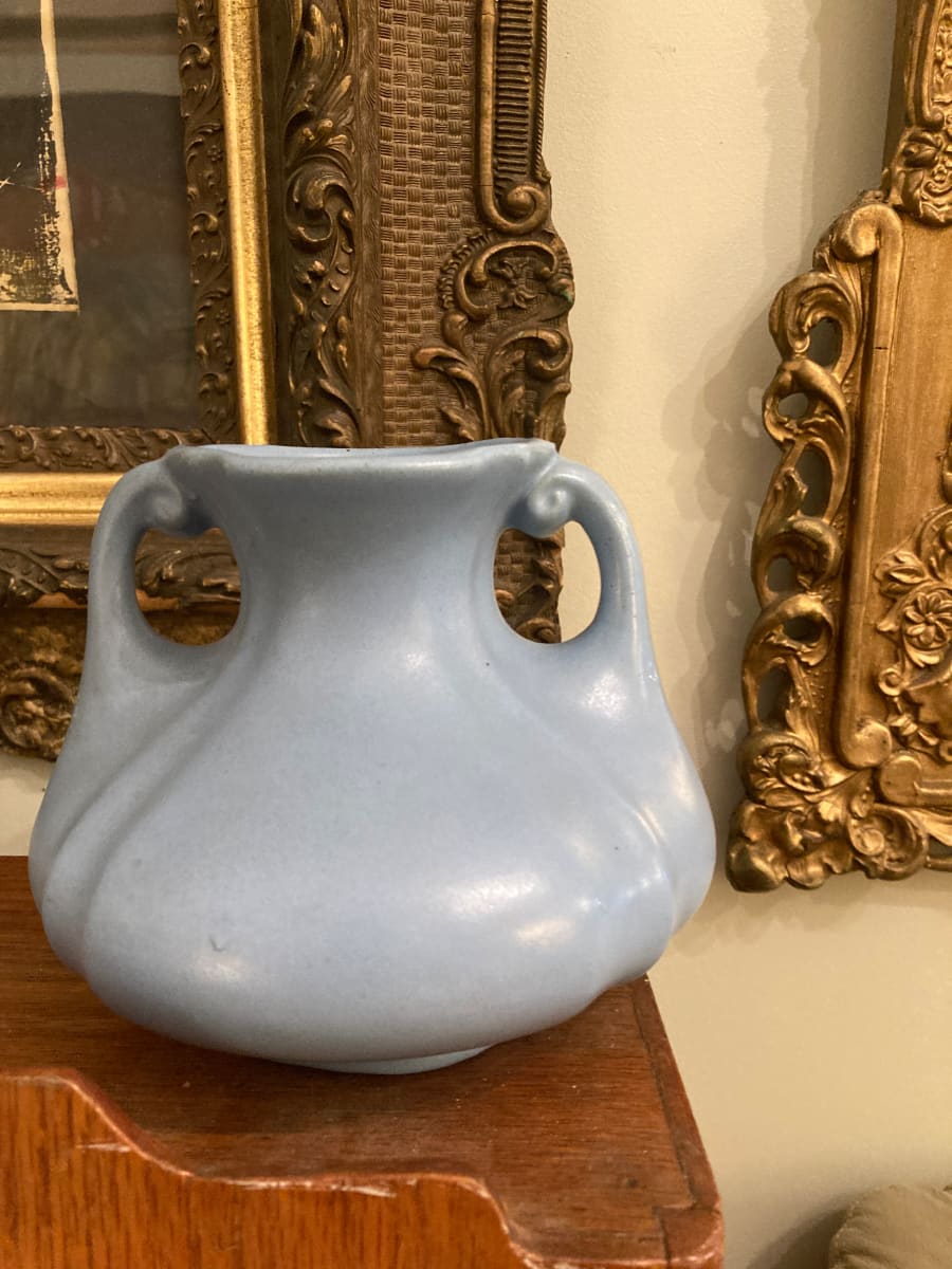 art pottery blue vase with handles 