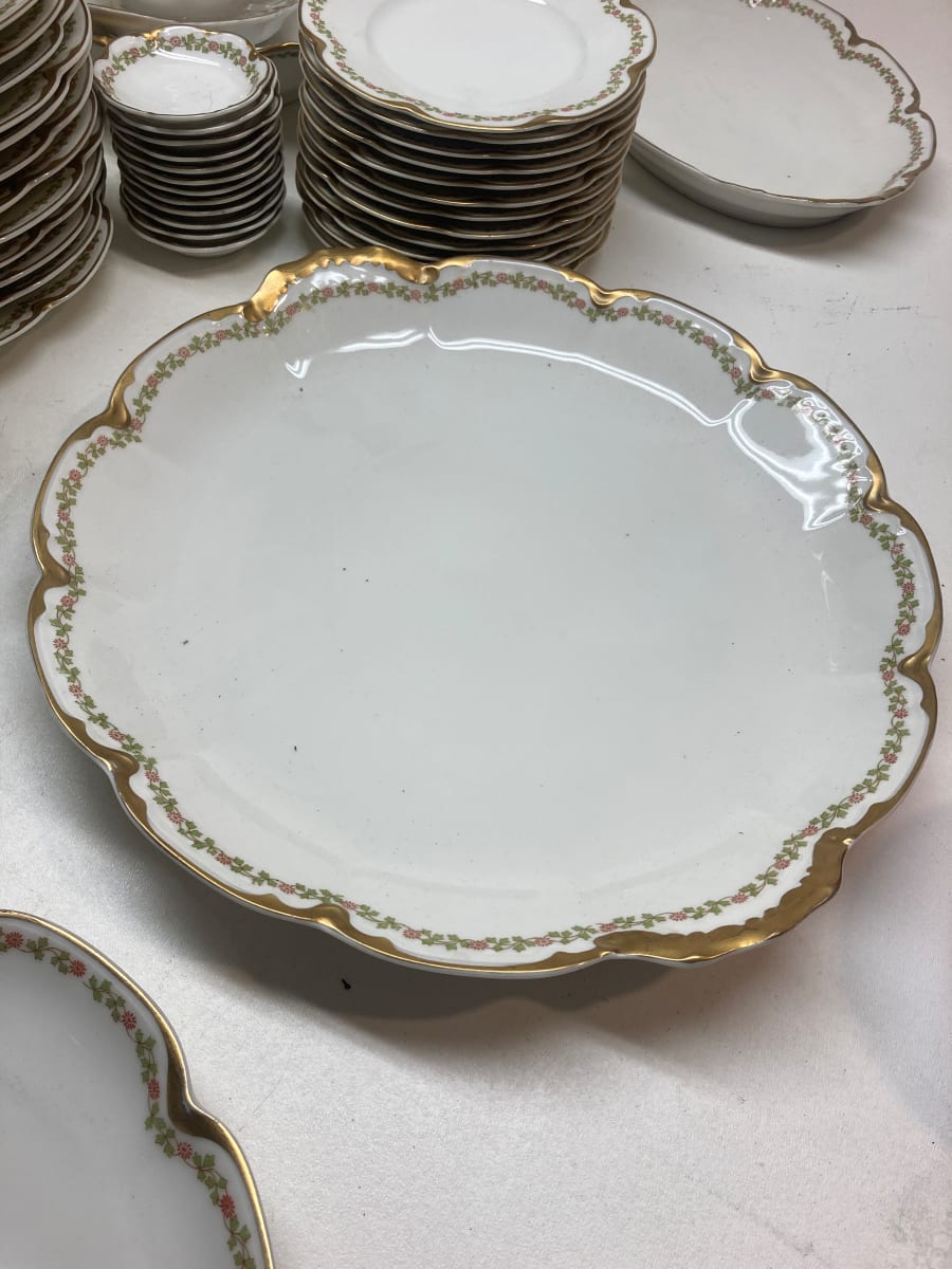 Haviland Limoges French porcelain round serving platter with red flowers and green leaves 