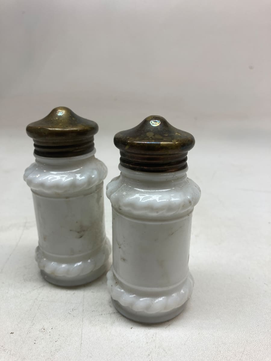 Pair of milk glass capped container set 