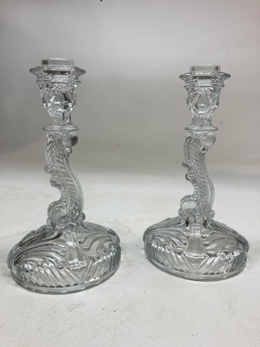 pair of art glass clear candlesticks 