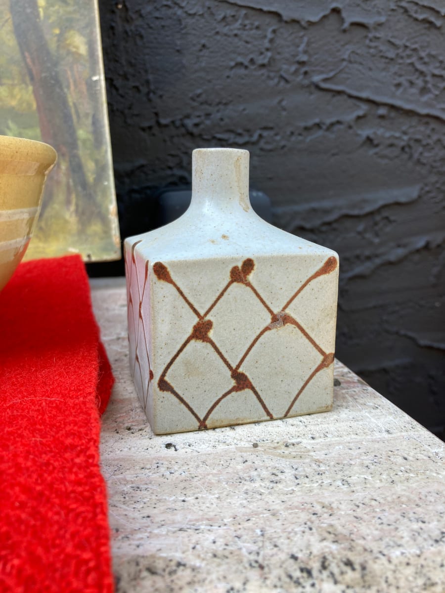 Small square Japanese pottery vase 