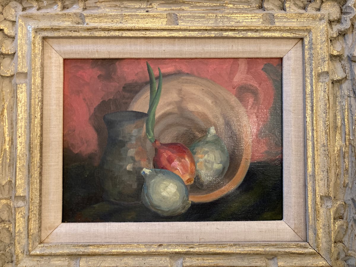 Framed still life painting of onions 