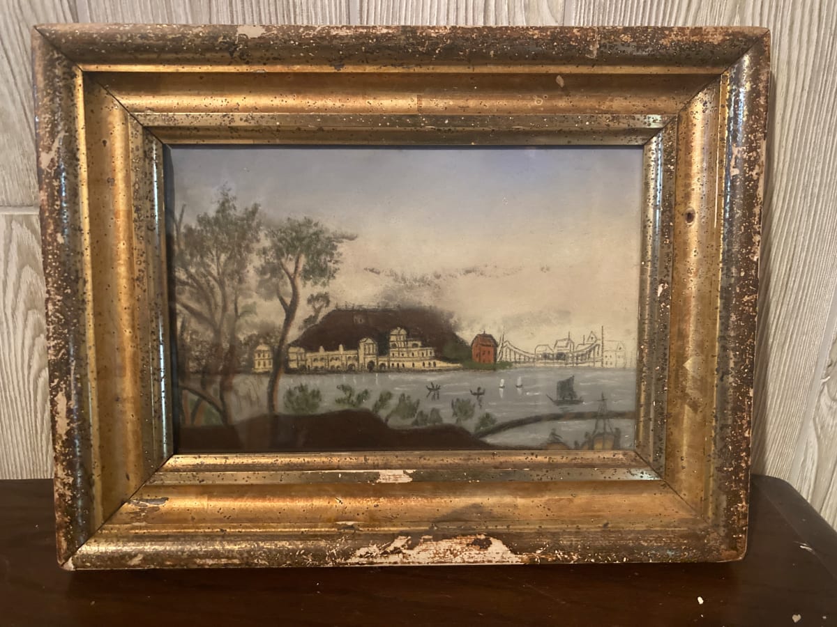 framed early pastel of buildings and bridge 