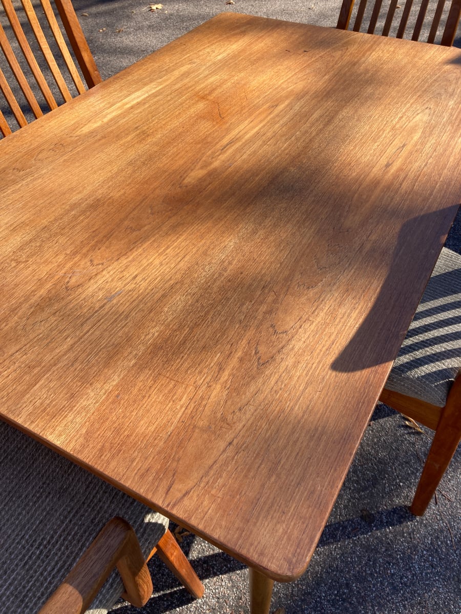 Danish teak dining room table and 4 Benny Linden chairs 