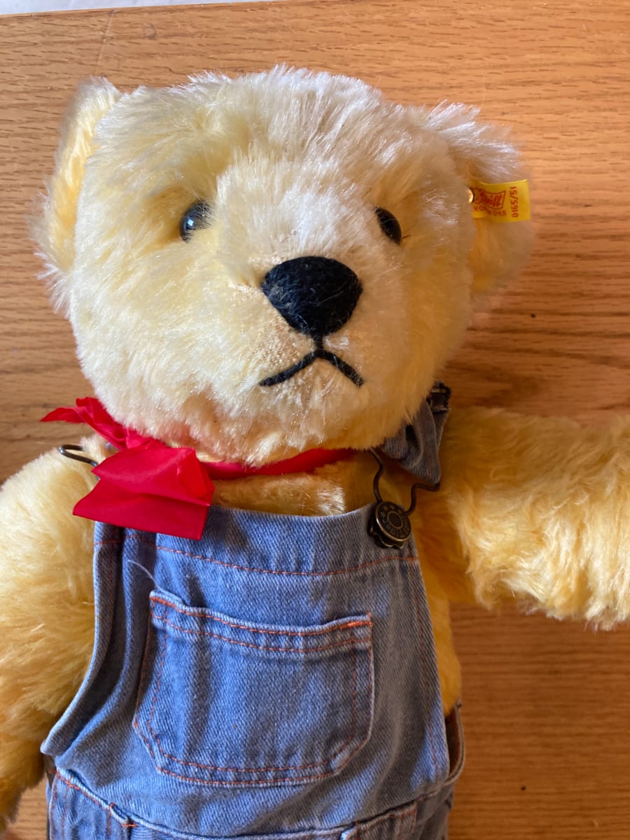 Steiff teddy bear with bib overalls 