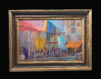 Framed original Wayne Sisel acrylic on paper of a street scene 