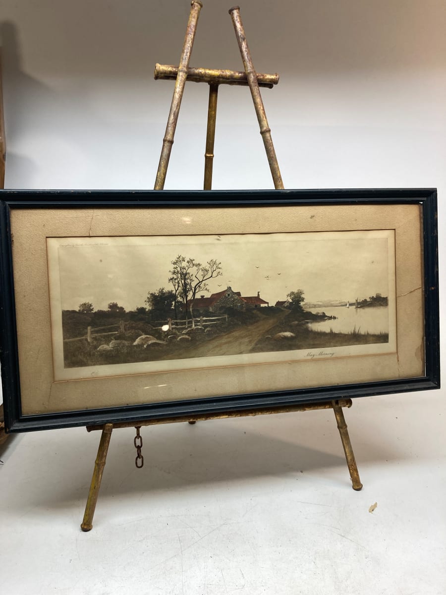 framed engraving of horizontal landscape 