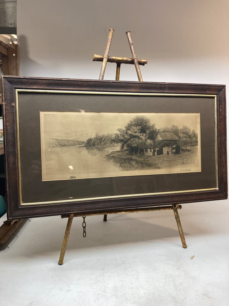 framed engraving of horizontal landscape 