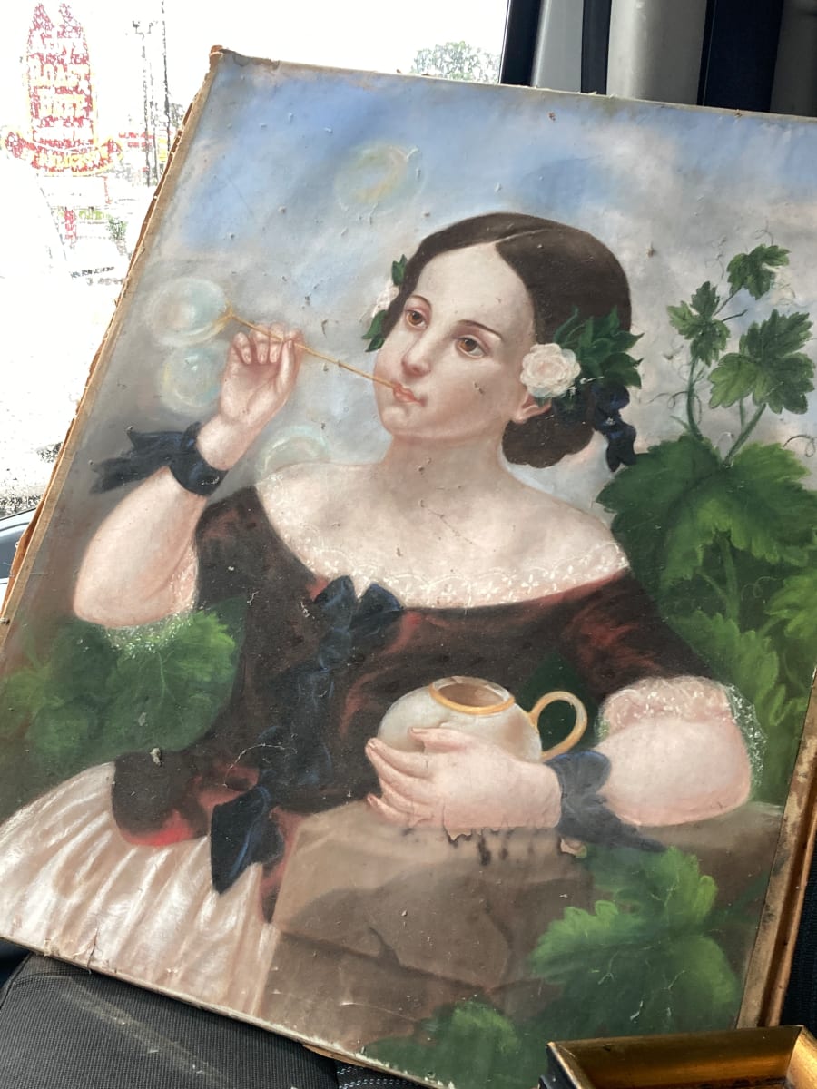 original pastel of girl blowing bubbles 