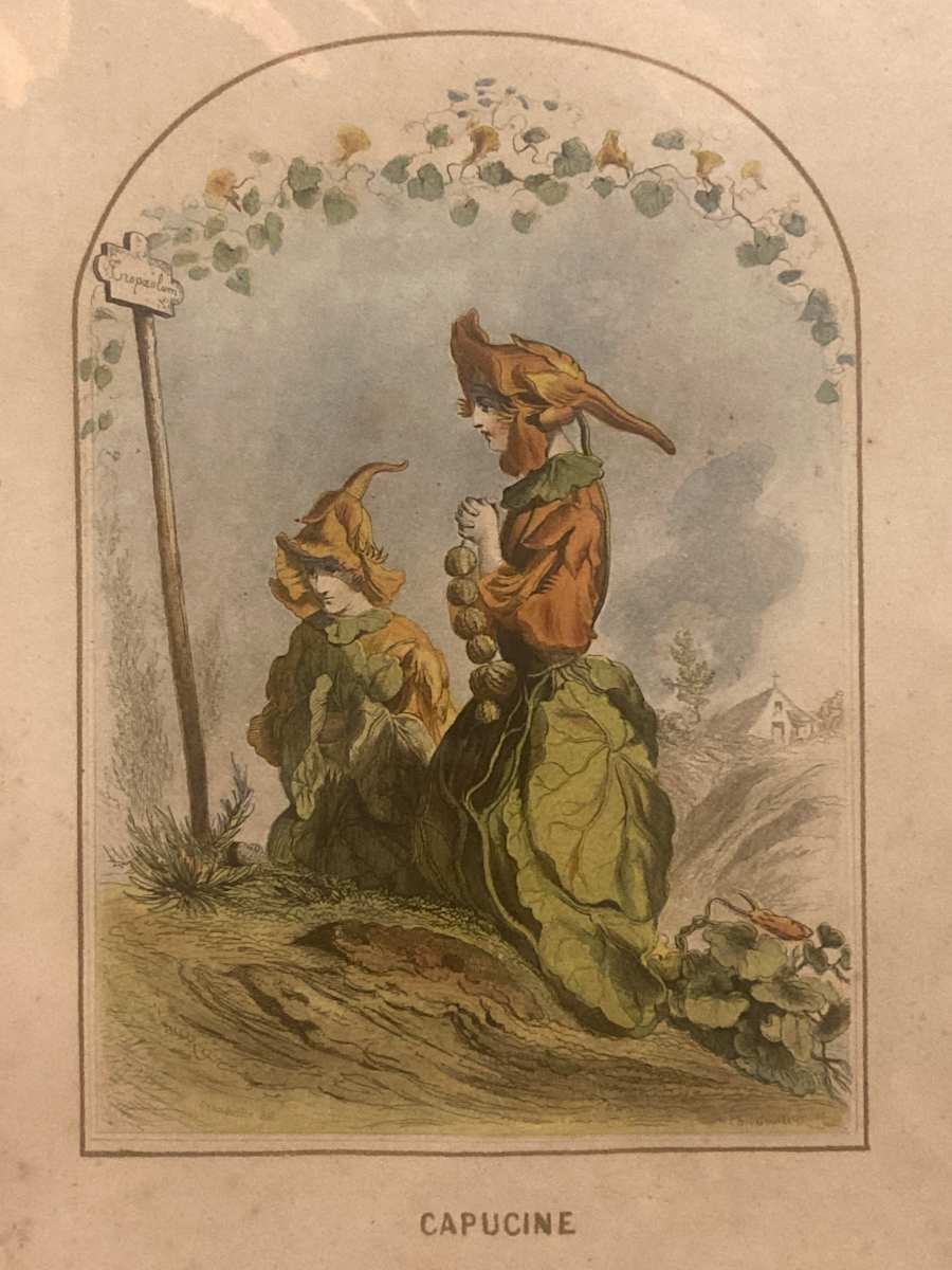 hand painted engraving of Flower people 
