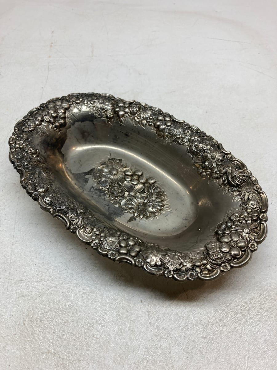 embossed ornate floral silver plate oval server 