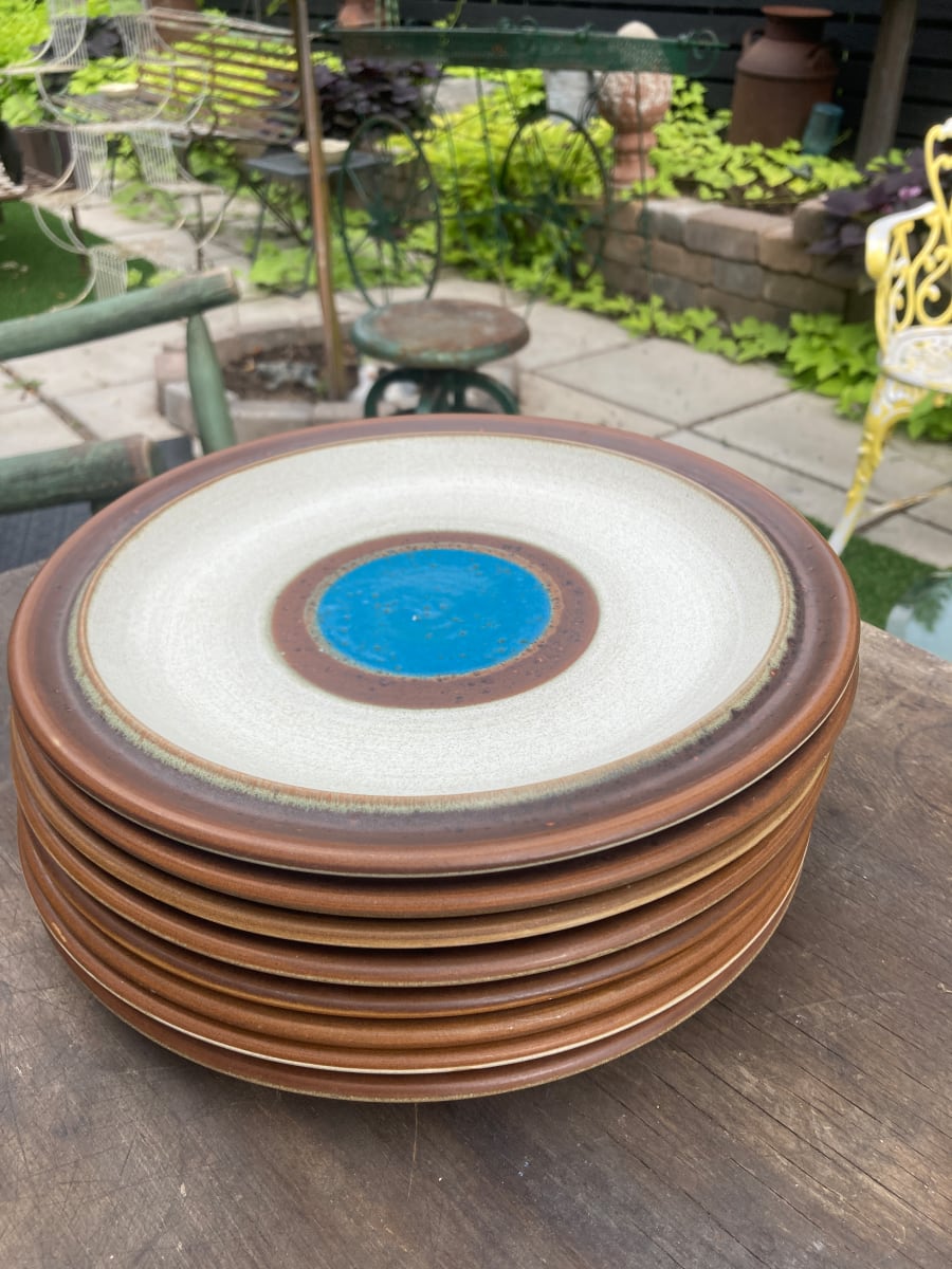 Set of 8 Denby Blue dot dinner plates ( 10 " diameter ) 