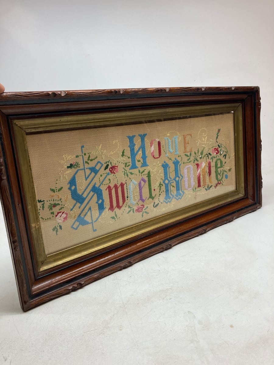 Framed Victorian embroidered Home Sweet Home motto 