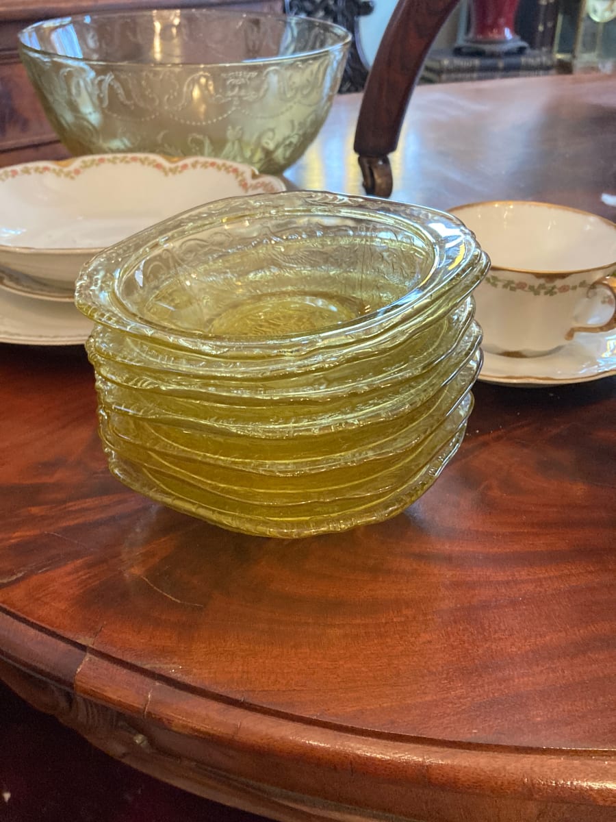 set of 7 amber depression era small bowls 