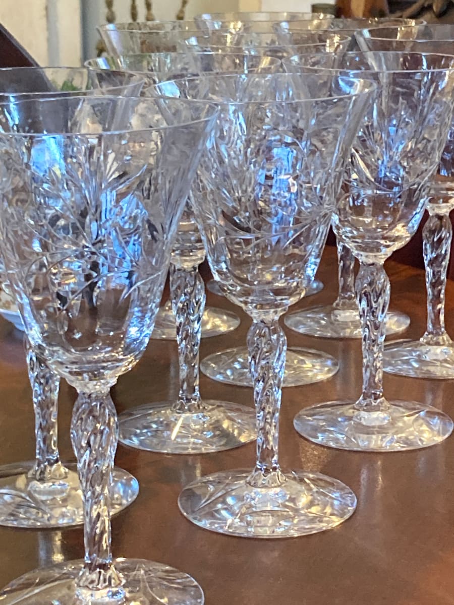 set of 10 etched glass wine goblets 