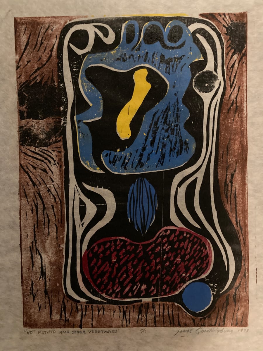 "Hot Potato" hand colored woodblock by James Quentin Young 