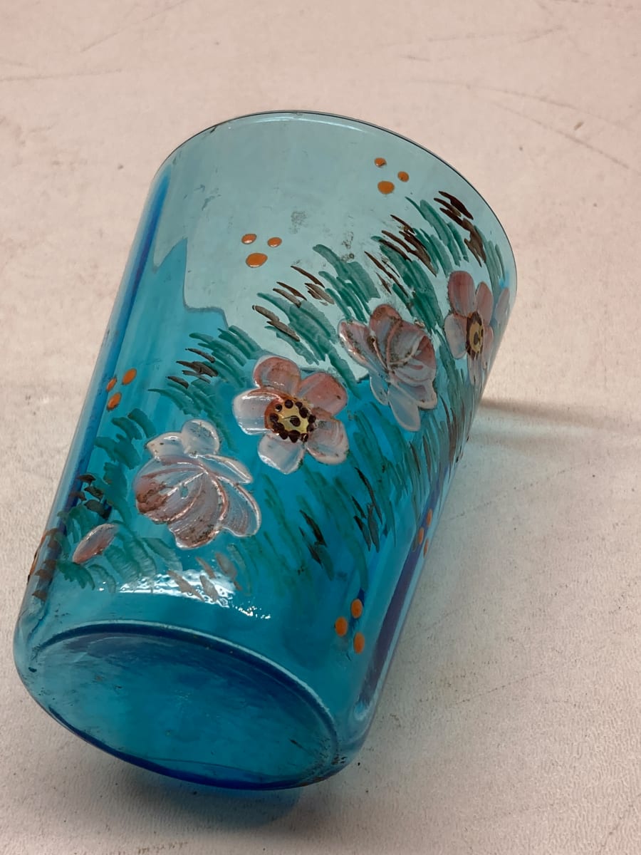 turn of the century blue water glass with enameled flowers 