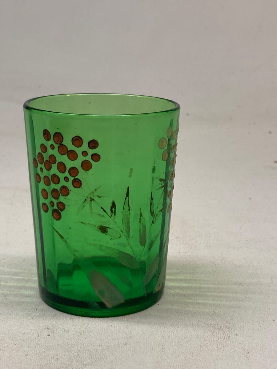 turn of the century green water glass with enameled flowers 