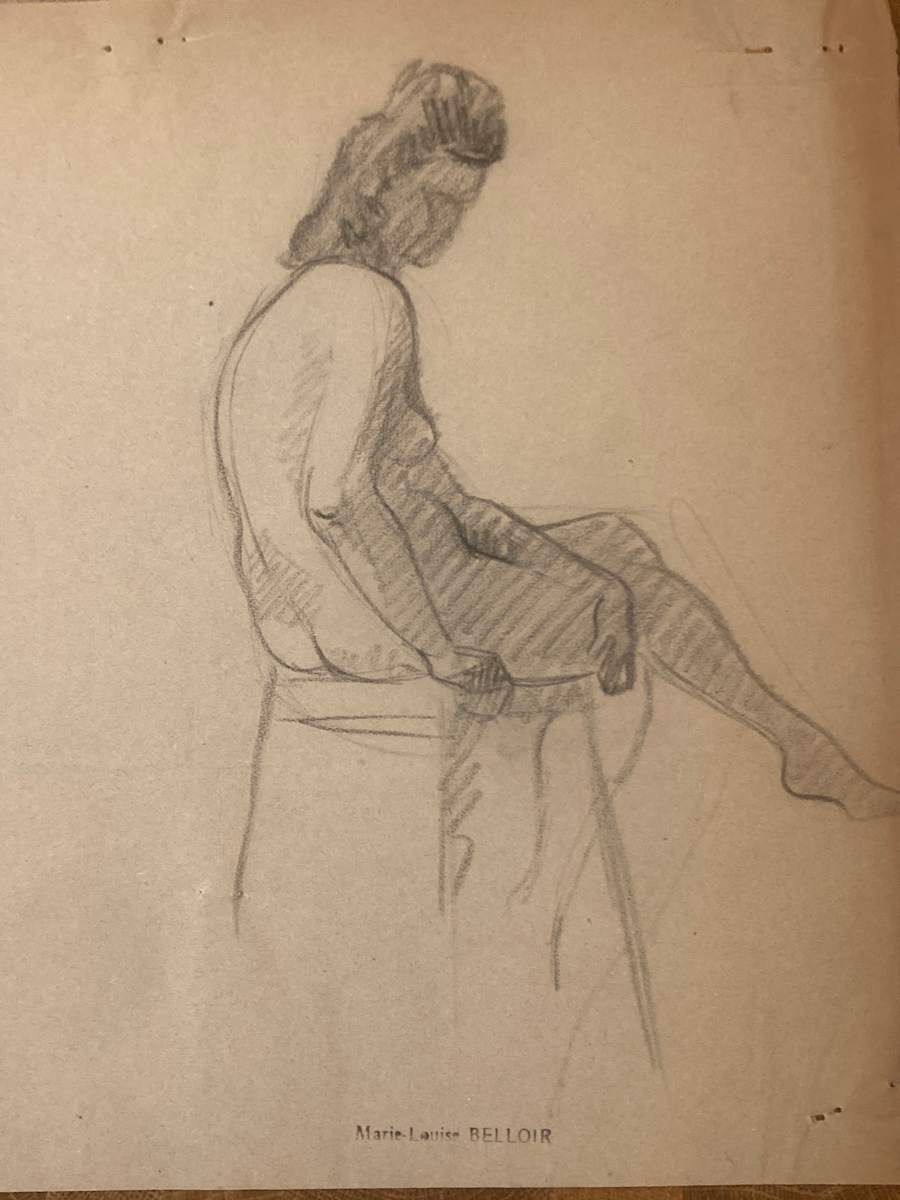 framed 1940's nude drawing by Marie~Louise Belloir 