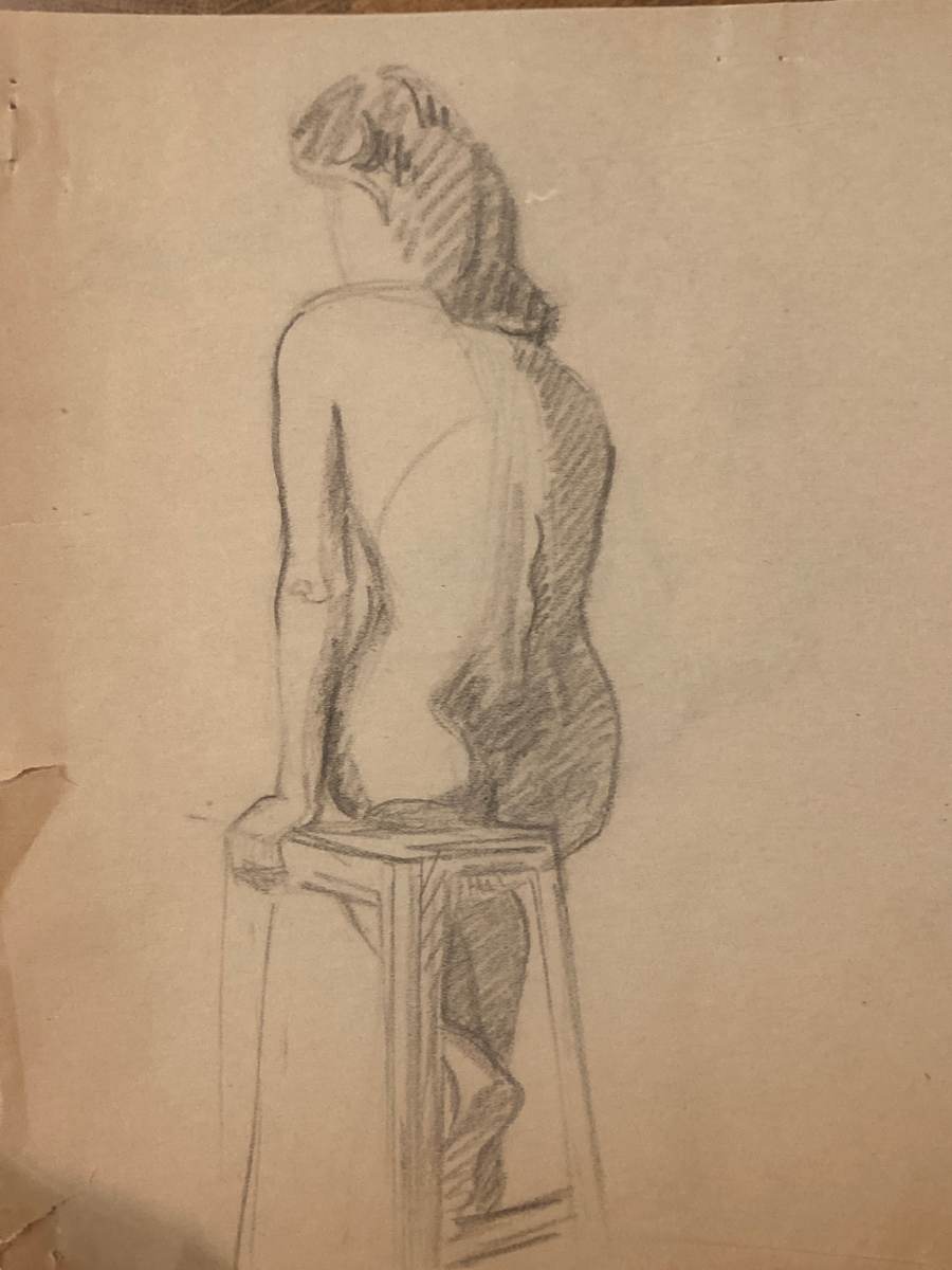 framed 1940's nude drawing by Marie~Louise Belloir 